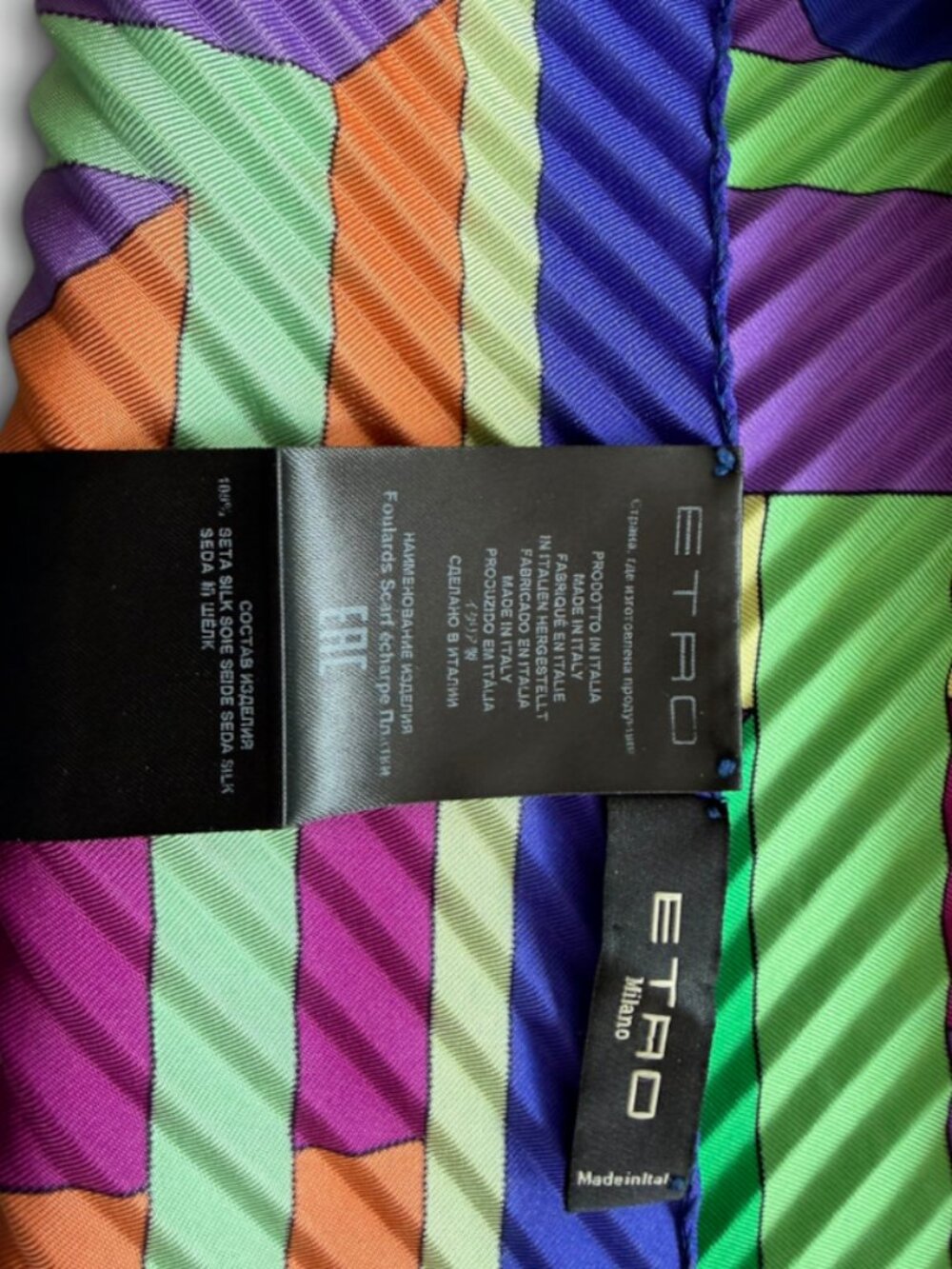 ETRO Milano Pleated Silk Scarf 35” Multicolor Geometric Made in Italy - Picture 4 of 6